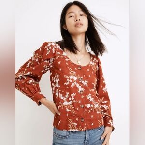 NWT Madewell Corduroy Shirred-Sleeve Button-Front Top in Farmstand Bouquet Med